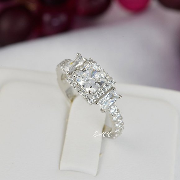 NEW 925 STERLING SILVER HALO PRINCESS DIAMOND CUT WEDDING RINGS ENGAGEMENT RINGS - Picture 5 of 5